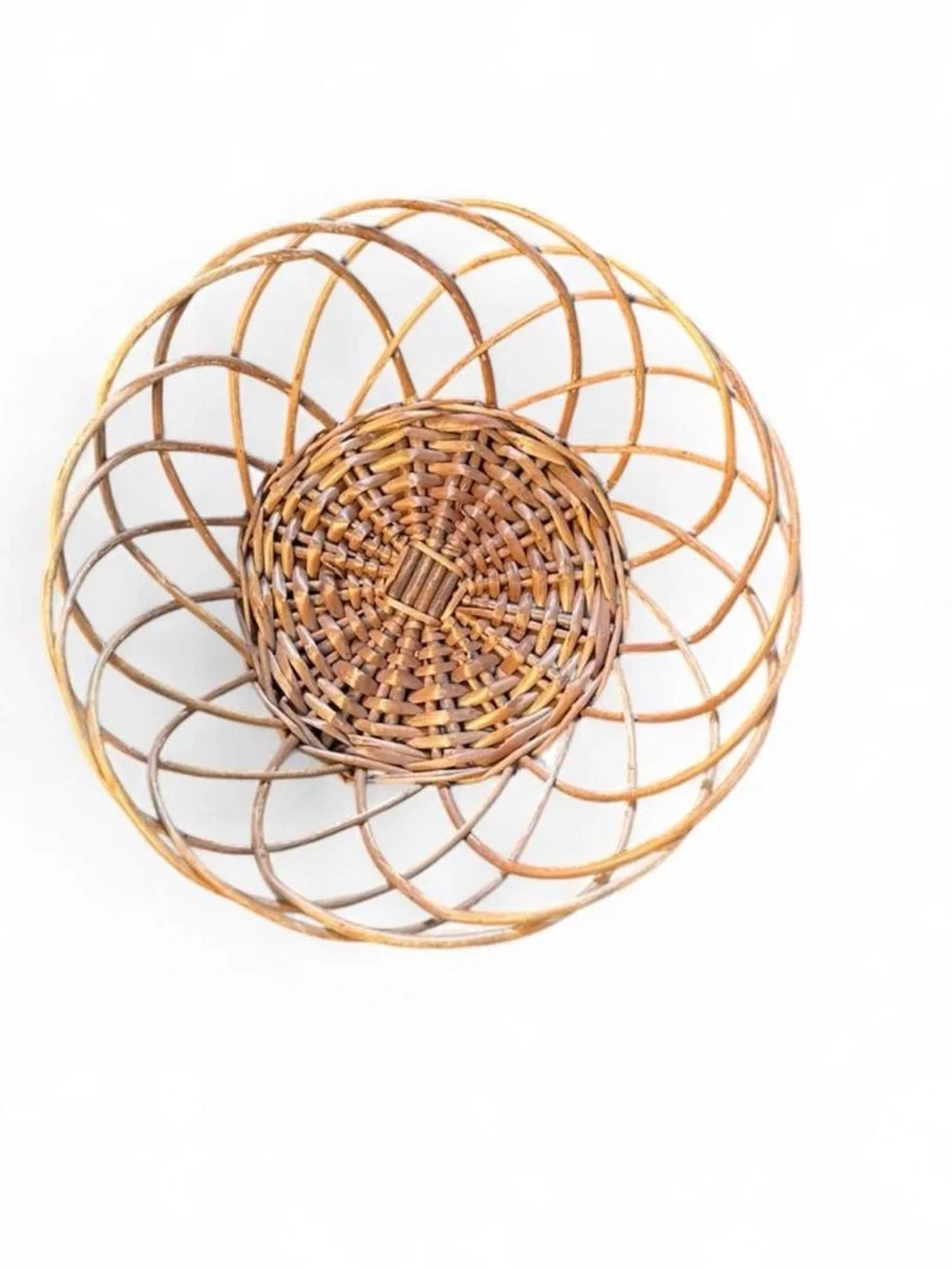Vintage Open Weave Wicker Basket Bowl Round Rattan Boho Wall Decor Centerpiece